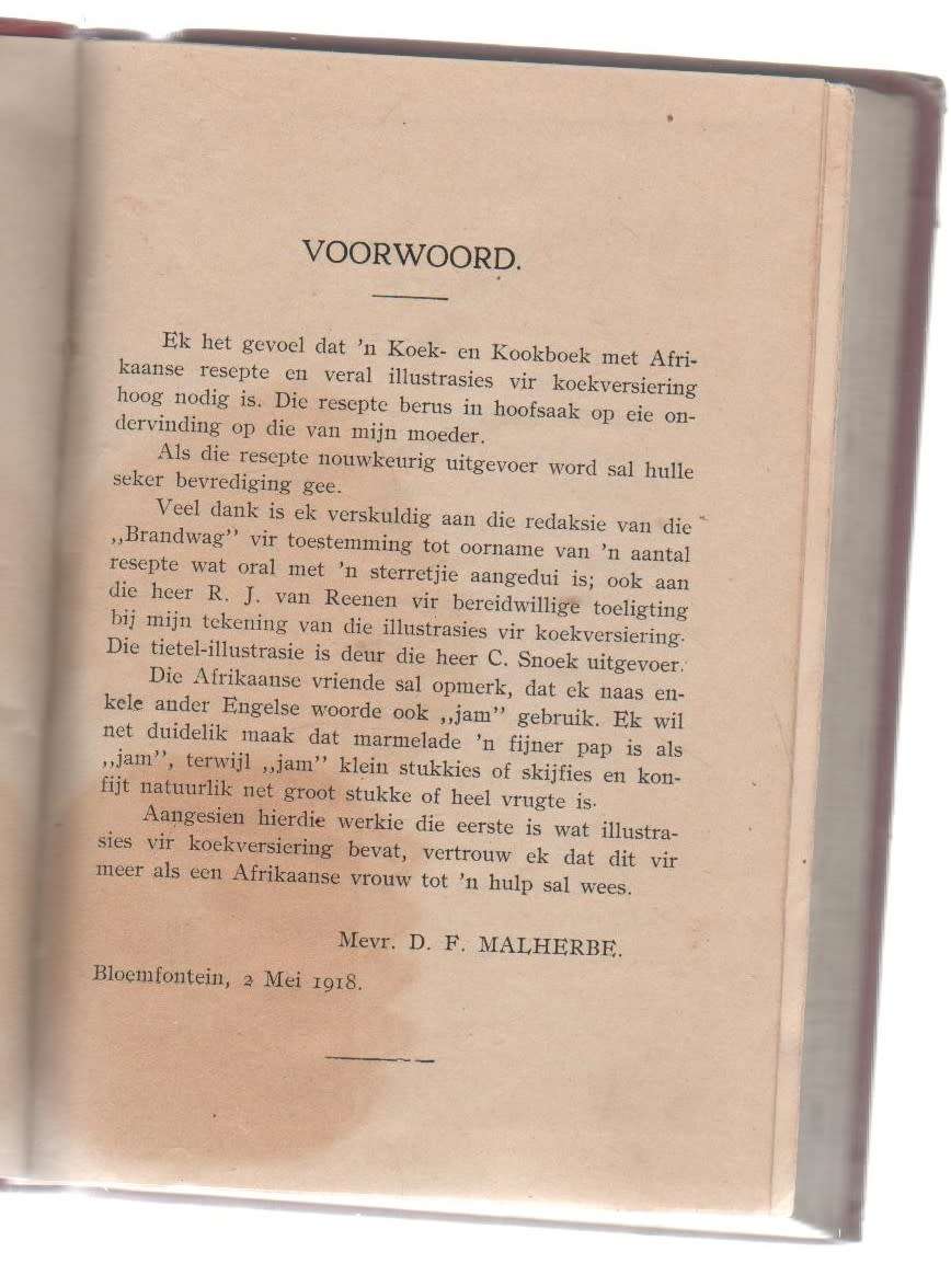 TAFELVREUGDE - MEV D F MALHERBE (VOORWOORD 2 MEI 1918)