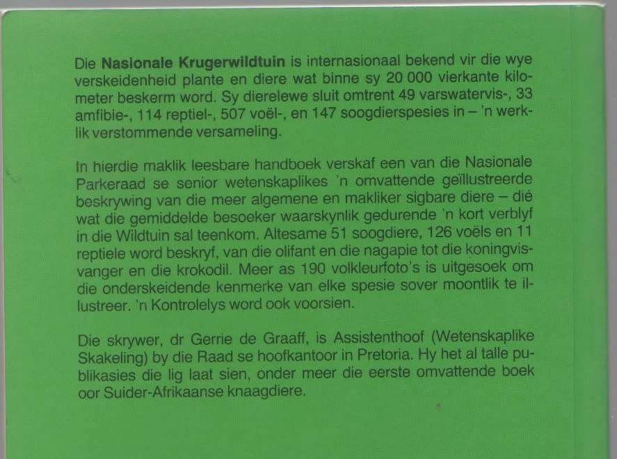 DIERE VAN DIE NASIONALE KRUGERWILDTUIN - G DE GRAAFF (1 STE UITGAWE 1987)