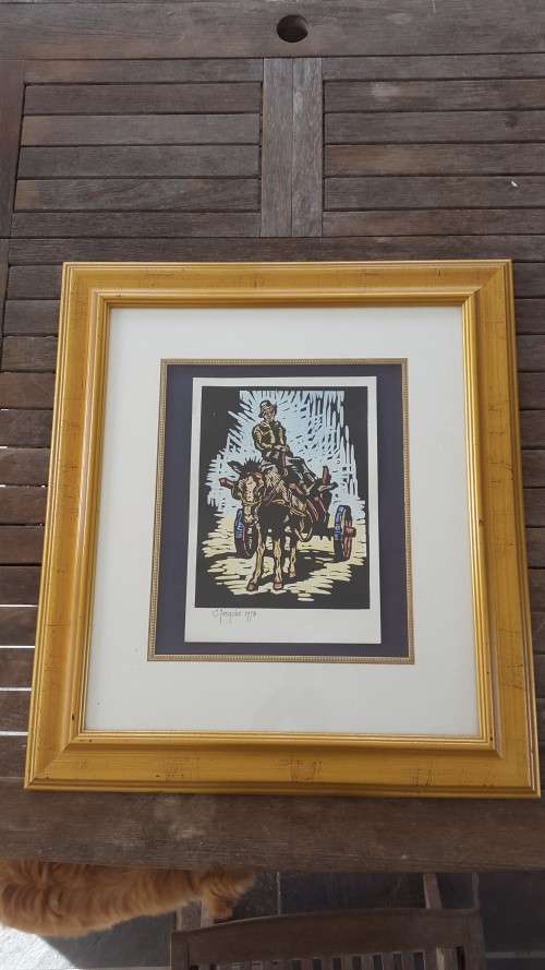 GILT FRAMED Gregoire Boonzaier SIGNED Man and Donkey Cart. Hand Coloured Linocut.