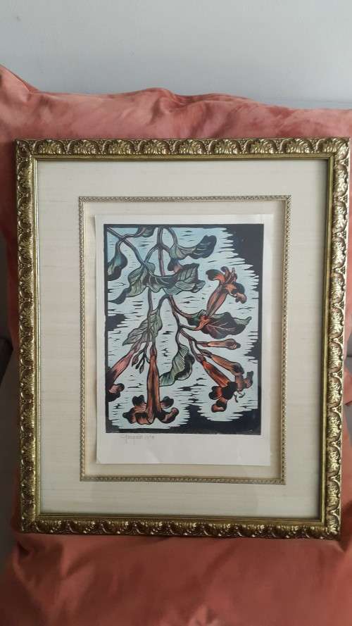 DOUBLE GILT FRAMED Signed Gregoire Boonzaier Hanging Flowers. Hand Coloured Linocut.