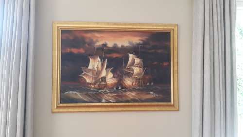 Sailing Ship battle by J. Harvey. Original Oil on Board.  FRAMED, LARGE!