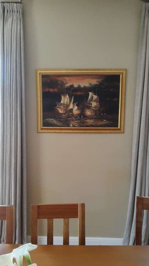 Sailing Ship battle by J. Harvey. Original Oil on Board.  FRAMED, LARGE!