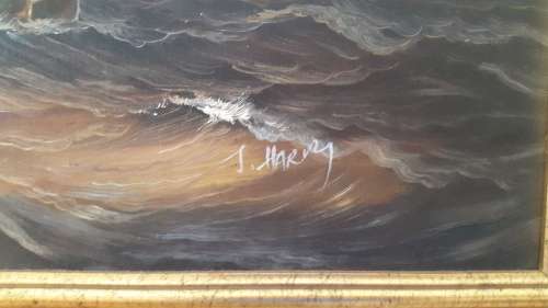 Sailing Ship battle by J. Harvey. Original Oil on Board.  FRAMED, LARGE!