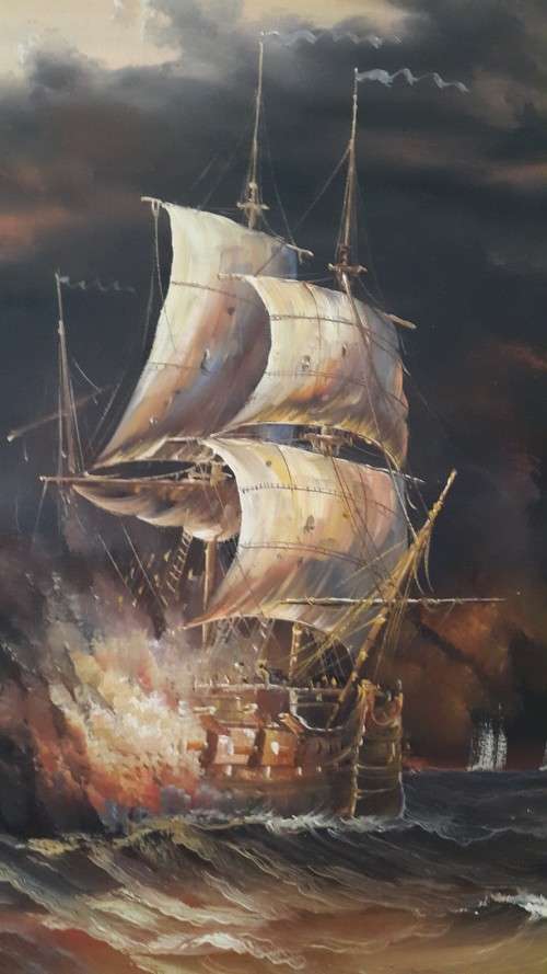 Sailing Ship battle by J. Harvey. Original Oil on Board.  FRAMED, LARGE!