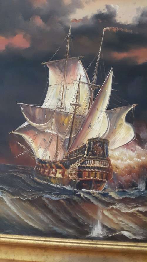 Sailing Ship battle by J. Harvey. Original Oil on Board.  FRAMED, LARGE!
