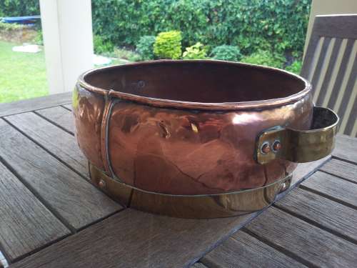 Copper Pot solid marked J.L. Myburg. Solid brass handles. Good for display, planter.