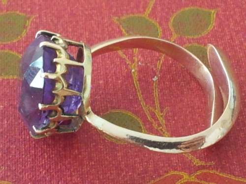 Solid 10 ct Gold Ring with Massive Amethyst in ornate crown setting. Adjustable.