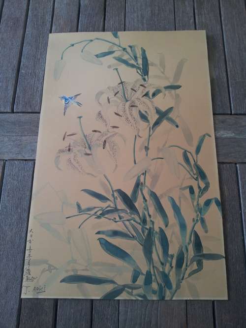 Toshio Aoki (1853-1912). Original Watercolour. Orchids and Hummingbird