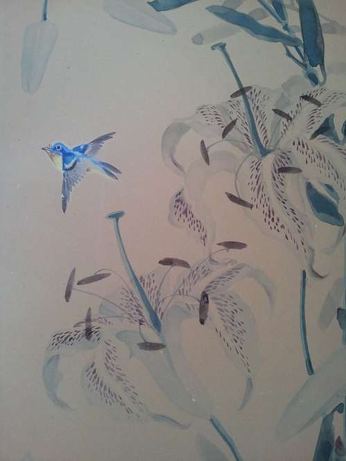 Toshio Aoki (1853-1912). Original Watercolour. Orchids and Hummingbird