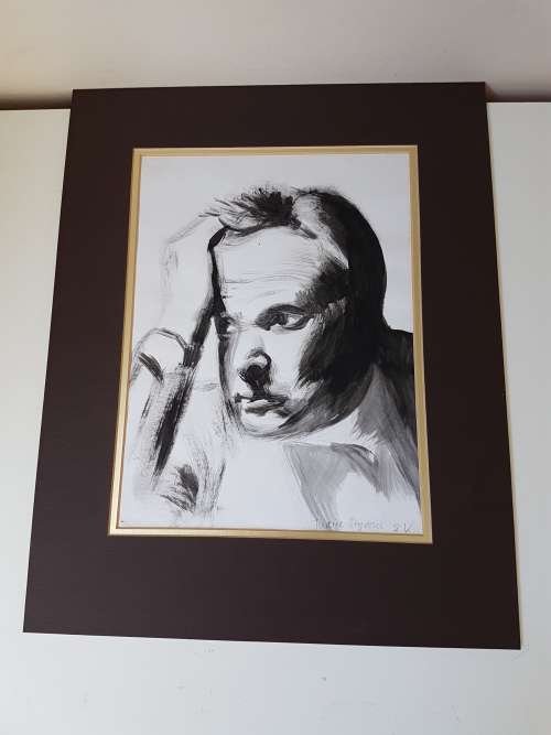 Judith Strydom. Signed Original Watercolour.  Man Thinking. Double gilt mount.