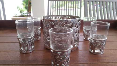 Japan 950 Silver Bottle and 6 Glass Holders Bamboo Leaf Filigree 164g Sake /Wine