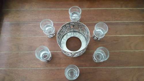 Japan 950 Silver Bottle and 6 Glass Holders Bamboo Leaf Filigree 164g Sake /Wine