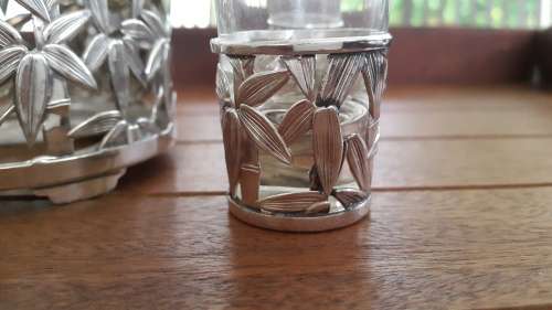 Japan 950 Silver Bottle and 6 Glass Holders Bamboo Leaf Filigree 164g Sake /Wine