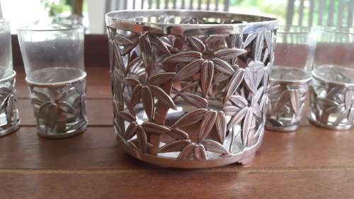 Japan 950 Silver Bottle and 6 Glass Holders Bamboo Leaf Filigree 164g Sake /Wine