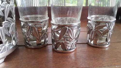 Japan 950 Silver Bottle and 6 Glass Holders Bamboo Leaf Filigree 164g Sake /Wine