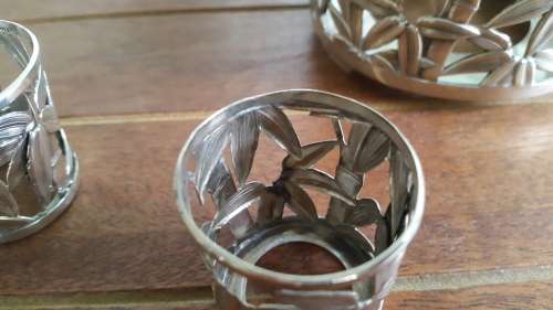 Japan 950 Silver Bottle and 6 Glass Holders Bamboo Leaf Filigree 164g Sake /Wine