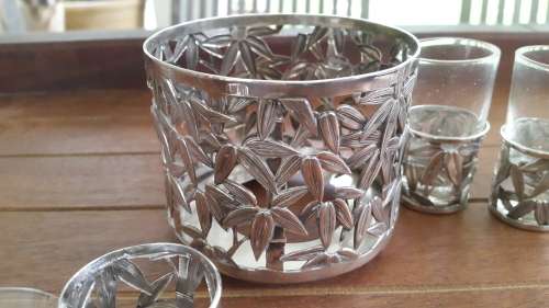 Japan 950 Silver Bottle and 6 Glass Holders Bamboo Leaf Filigree 164g Sake /Wine