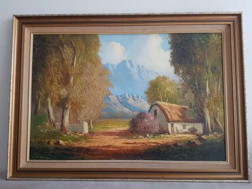 Leslie Albertyn. Original Oil in Original Frame Title on back: Bywoners Huis in Namiddag Son. K.P..