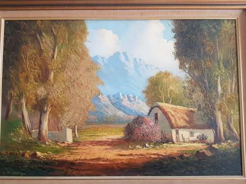 Leslie Albertyn. Original Oil in Original Frame Title on back: Bywoners Huis in Namiddag Son. K.P..