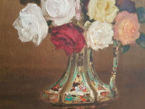 Henry John Dykman (1892-1972). Original Oil of roses in a vase, 1949. Framed, signed. REDUCED.