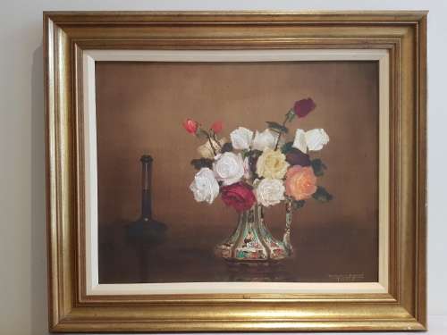 Henry John Dykman (1892-1972). Original Oil of roses in a vase, 1949. Framed, signed. REDUCED.