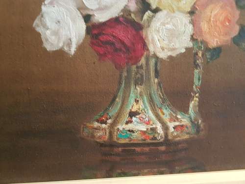 Henry John Dykman (1892-1972). Original Oil of roses in a vase, 1949. Framed, signed. REDUCED.