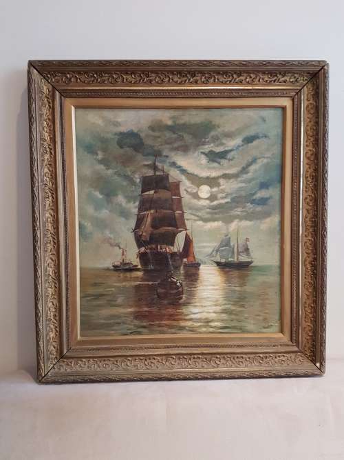 Sailing Ships by Moonlight. 19th century oil on board, signed. Possibly Spanish or American.