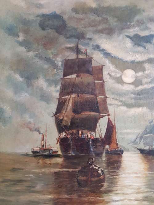 Sailing Ships by Moonlight. 19th century oil on board, signed. Possibly Spanish or American.