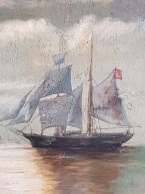 Sailing Ships by Moonlight. 19th century oil on board, signed. Possibly Spanish or American.