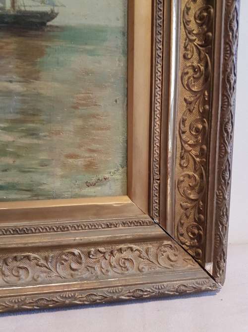 Sailing Ships by Moonlight. 19th century oil on board, signed. Possibly Spanish or American.