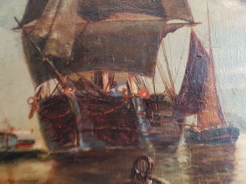 Sailing Ships by Moonlight. 19th century oil on board, signed. Possibly Spanish or American.