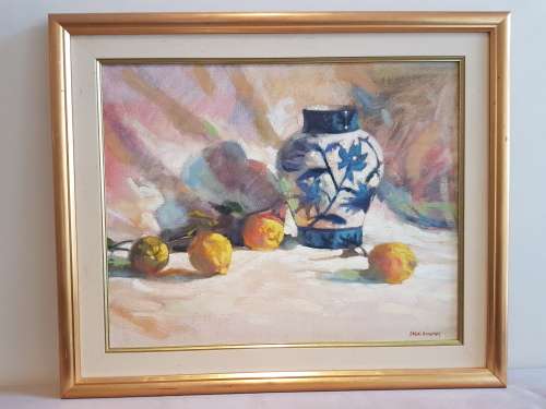 Sheri Hornsey Still Life. Original Oil on Canvas, Framed. Lemons and Chinese Ceramic Vase. Ex. cond.