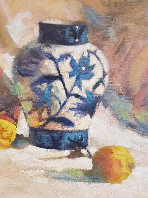 Sheri Hornsey Still Life. Original Oil on Canvas, Framed. Lemons and Chinese Ceramic Vase. Ex. cond.