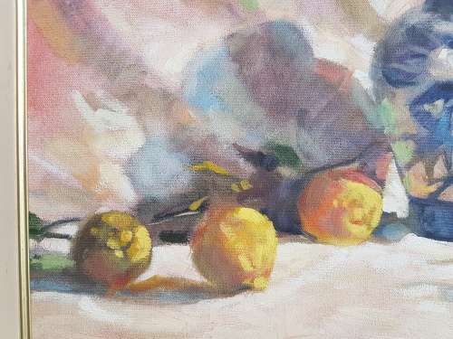 Sheri Hornsey Still Life. Original Oil on Canvas, Framed. Lemons and Chinese Ceramic Vase. Ex. cond.