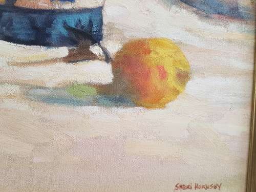 Sheri Hornsey Still Life. Original Oil on Canvas, Framed. Lemons and Chinese Ceramic Vase. Ex. cond.