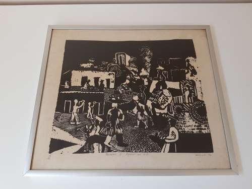 Bongiwe Dhlomo. Removals IV. Against our Will. Limited Edition Linocut 19/40. Rare Rorkes Drift art.