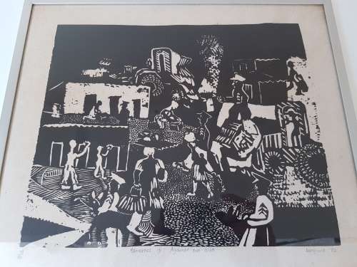 Bongiwe Dhlomo. Removals IV. Against our Will. Limited Edition Linocut 19/40. Rare Rorkes Drift art.