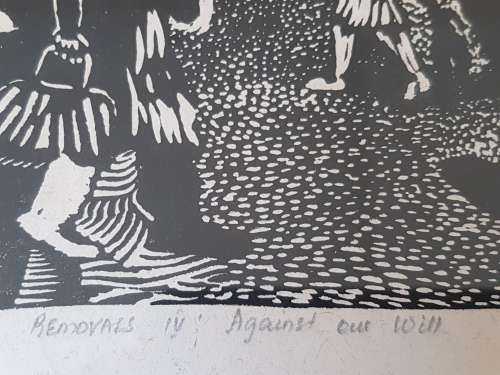 Bongiwe Dhlomo. Removals IV. Against our Will. Limited Edition Linocut 19/40. Rare Rorkes Drift art.