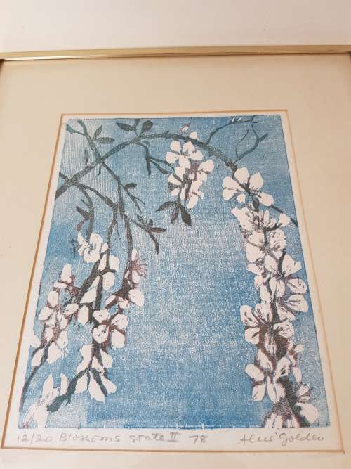 Alice Goldin (1922-2016). Blossoms 12/20. Signed Colour Silkscreen Print Gold Frame. Excellent cond.