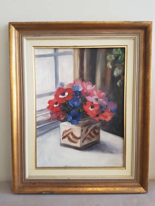 M. de Jongh. Original Oil on Canvas Board. Still Life of Flowers in Square Vase. Nice Symmetry.