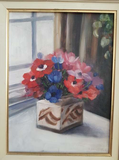 M. de Jongh. Original Oil on Canvas Board. Still Life of Flowers in Square Vase. Nice Symmetry.