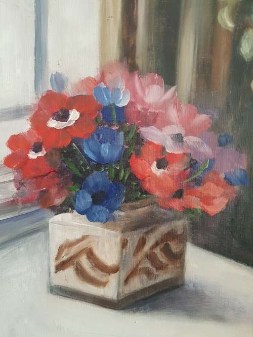M. de Jongh. Original Oil on Canvas Board. Still Life of Flowers in Square Vase. Nice Symmetry.