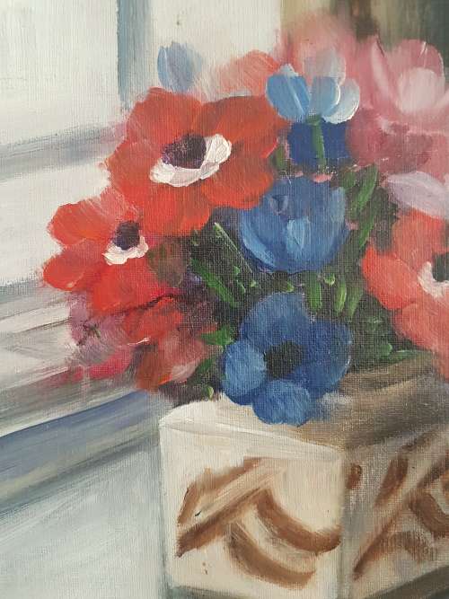 M. de Jongh. Original Oil on Canvas Board. Still Life of Flowers in Square Vase. Nice Symmetry.