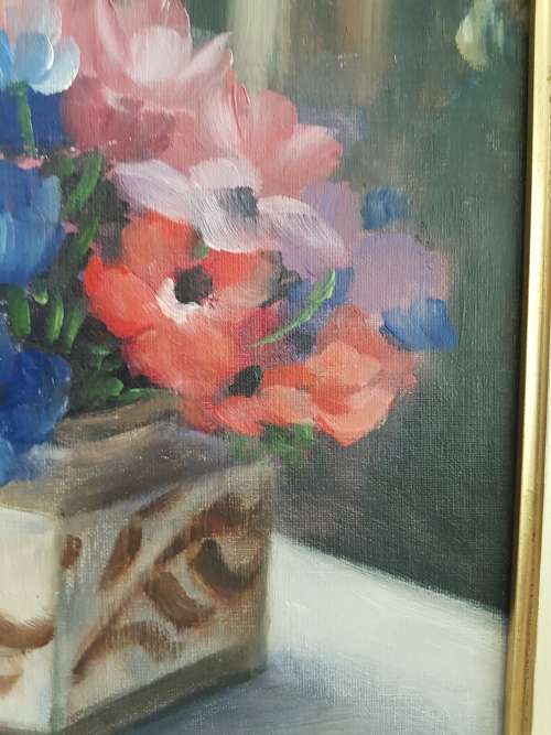 M. de Jongh. Original Oil on Canvas Board. Still Life of Flowers in Square Vase. Nice Symmetry.