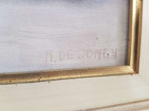 M. de Jongh. Original Oil on Canvas Board. Still Life of Flowers in Square Vase. Nice Symmetry.