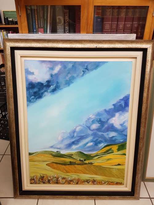 Hester de Vos. Original Oil . Massive . Overberg Landscape with Abstract elements.