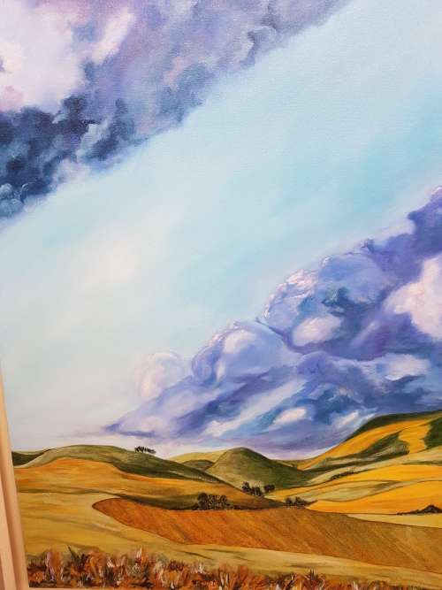 Hester de Vos. Original Oil . Massive . Overberg Landscape with Abstract elements.