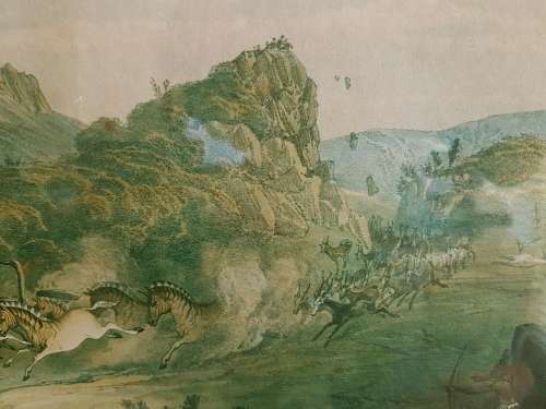 Thomas Baines. Bushmen hunting a herd of heterogenous game. LARGE PRINT, FRAMED.