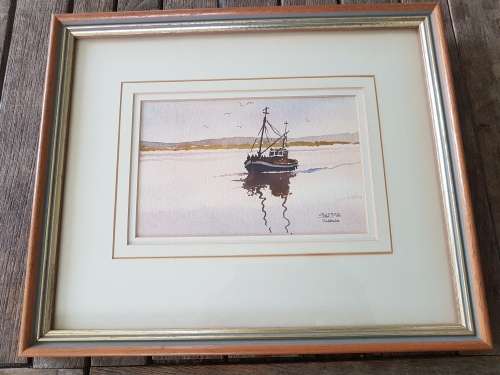 Peter Mills Saldanha, fishing boat. Original watercolour, hand signed and dated. Superb frame.