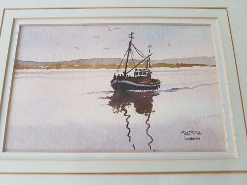 Peter Mills Saldanha, fishing boat. Original watercolour, hand signed and dated. Superb frame.
